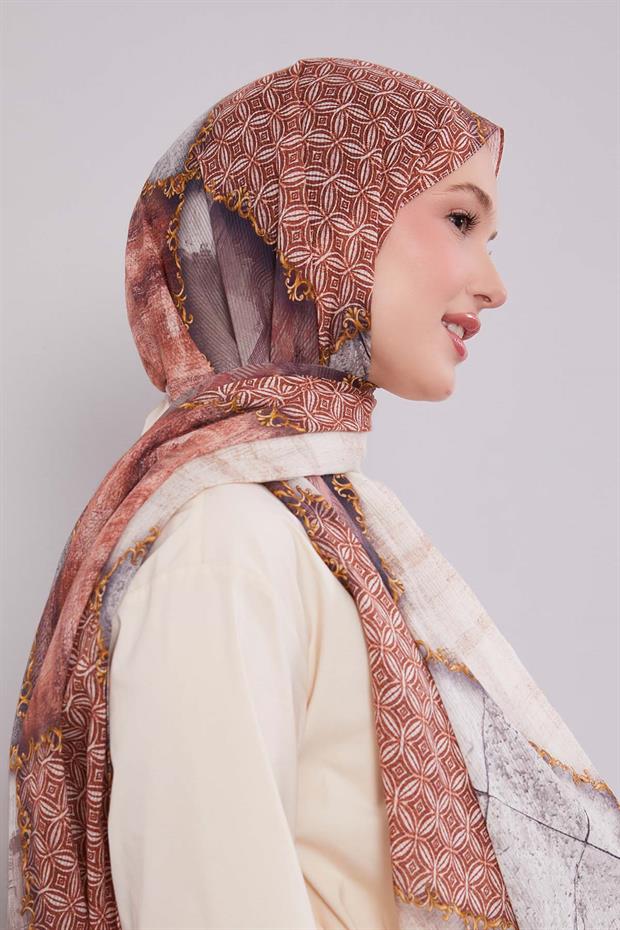 Pudra Karışık Desen Pamuk Şal