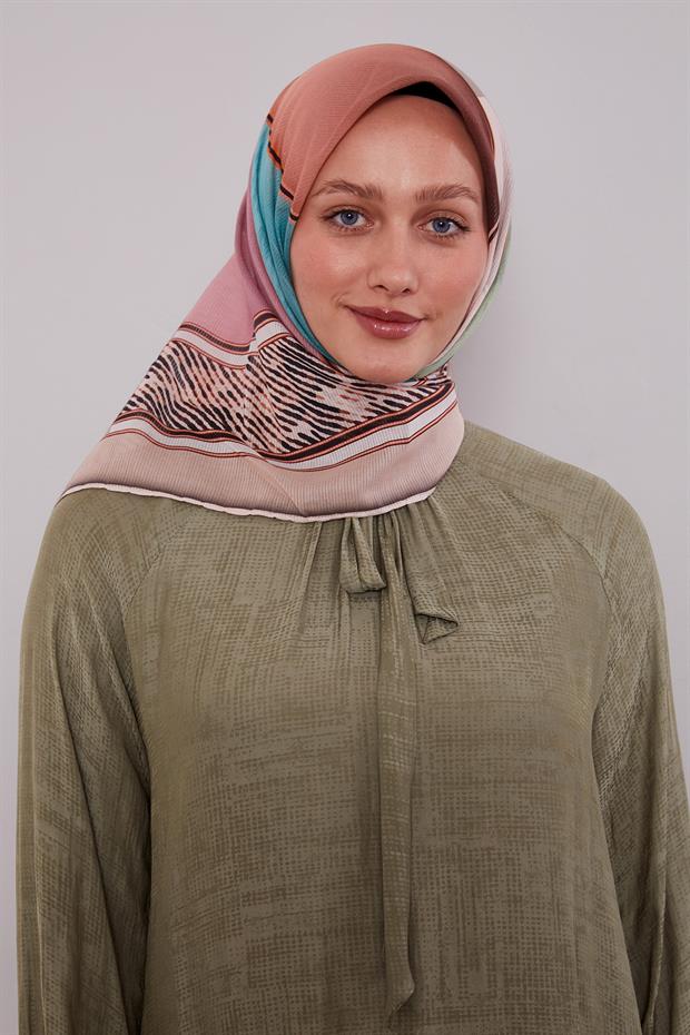 Pudra Karışık Geometrik Desen Pamuk Eşarp