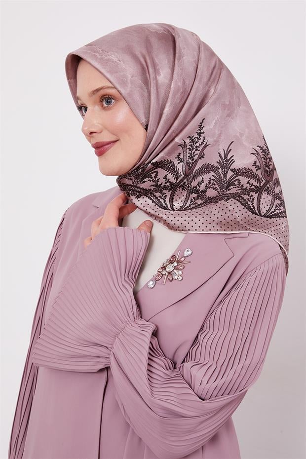 Pudra Kenar Benekli Twill İpek Eşarp