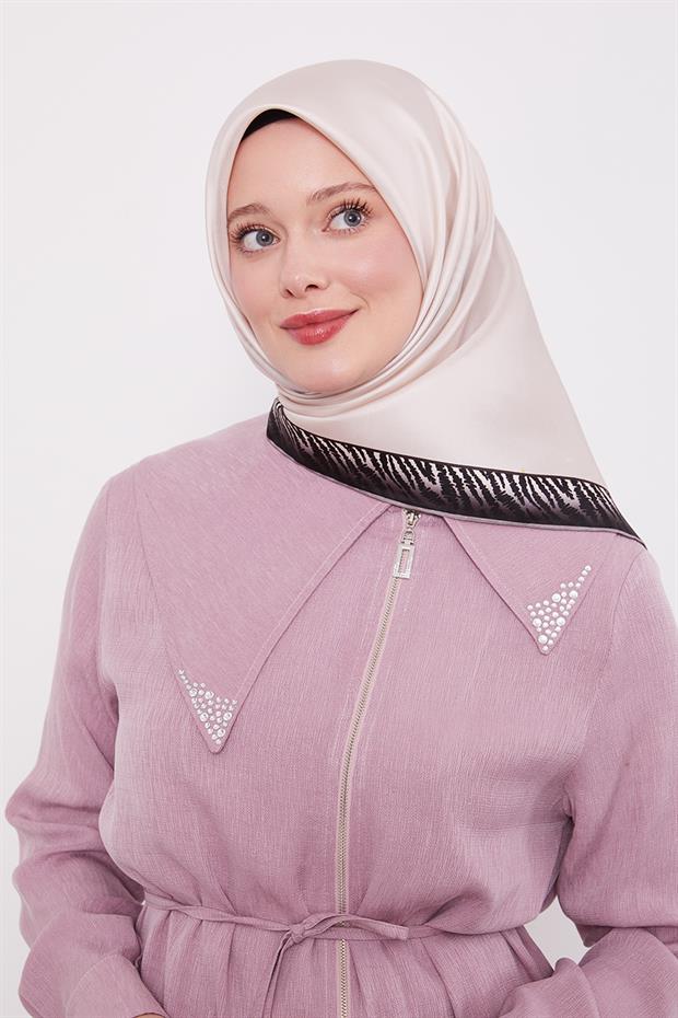 Pudra Kenar Leopar Desen Twill İpek Eşarp