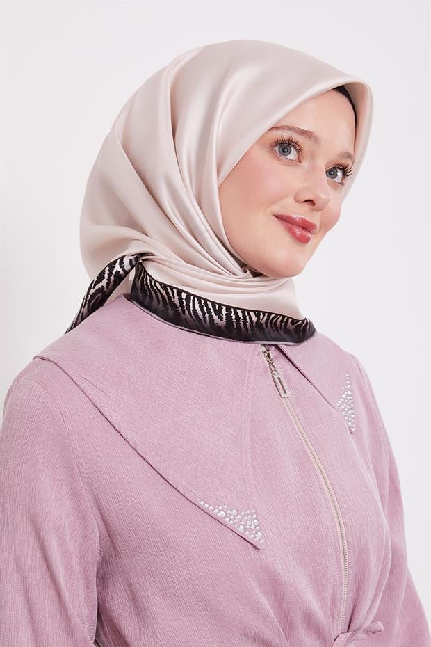 Pudra Kenar Leopar Desen Twill İpek Eşarp