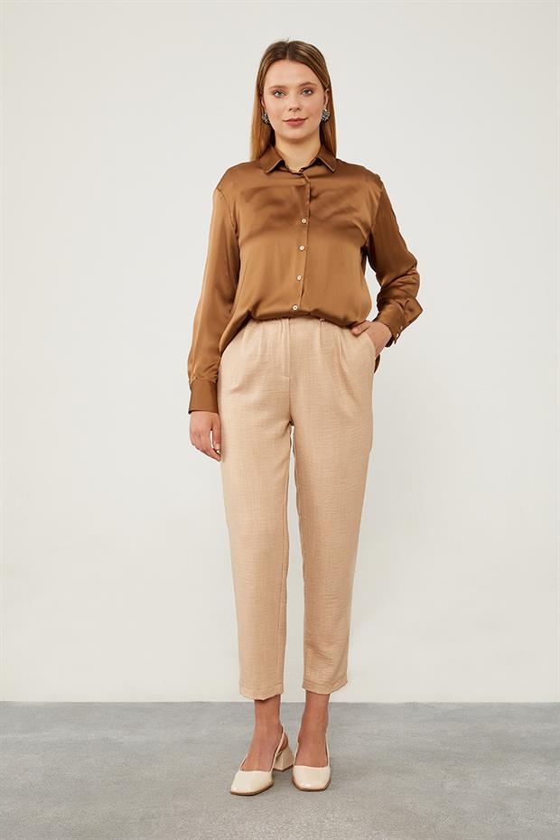 Pudra Keten Kumaş Havuç Pantolon