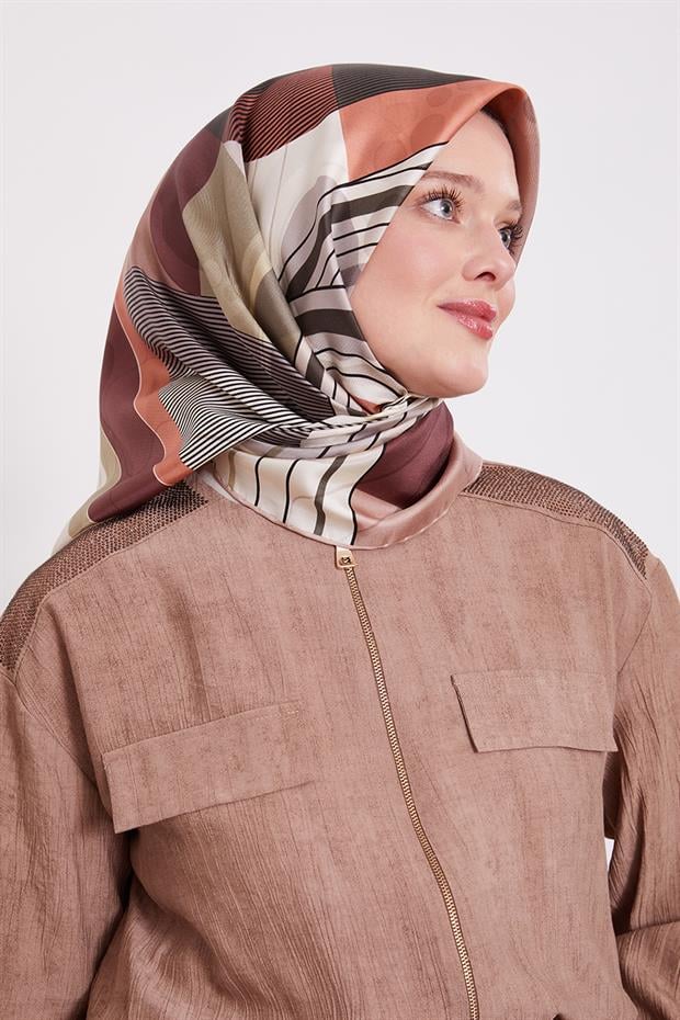 Pudra Labirent Desen Twill İpek Eşarp