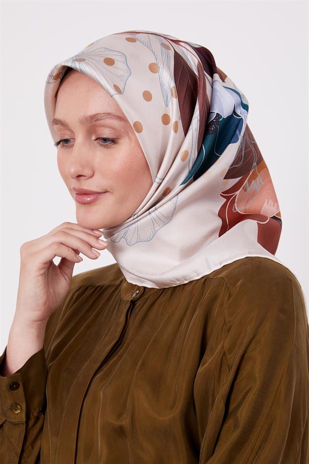 Pudra Lotus Çiçek Desen Twill İpek Eşarp