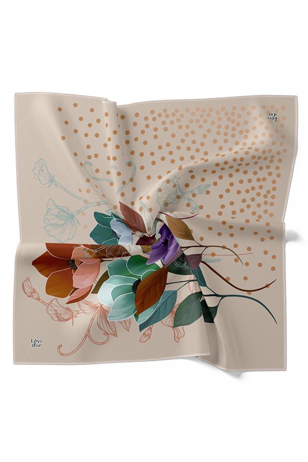 Pudra Lotus Çiçek Desen Twill İpek Eşarp