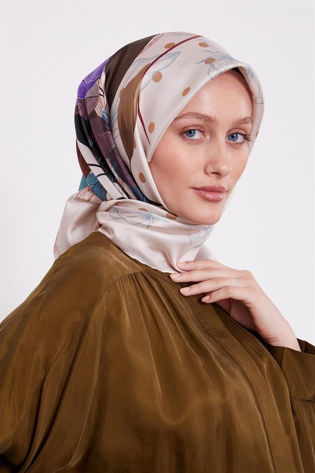 Pudra Lotus Çiçek Desen Twill İpek Eşarp
