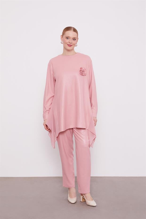 Pudra Gül Yaka Detaylı İkii Takım