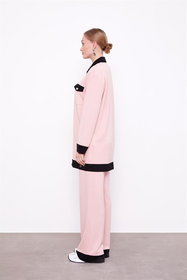 Pudra - Siyah Düğme Detaylı Pantolon Takım