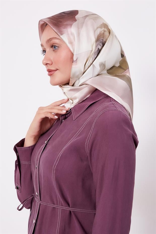 Pudra Soft Çiçek Desen Sura İpek Eşarp