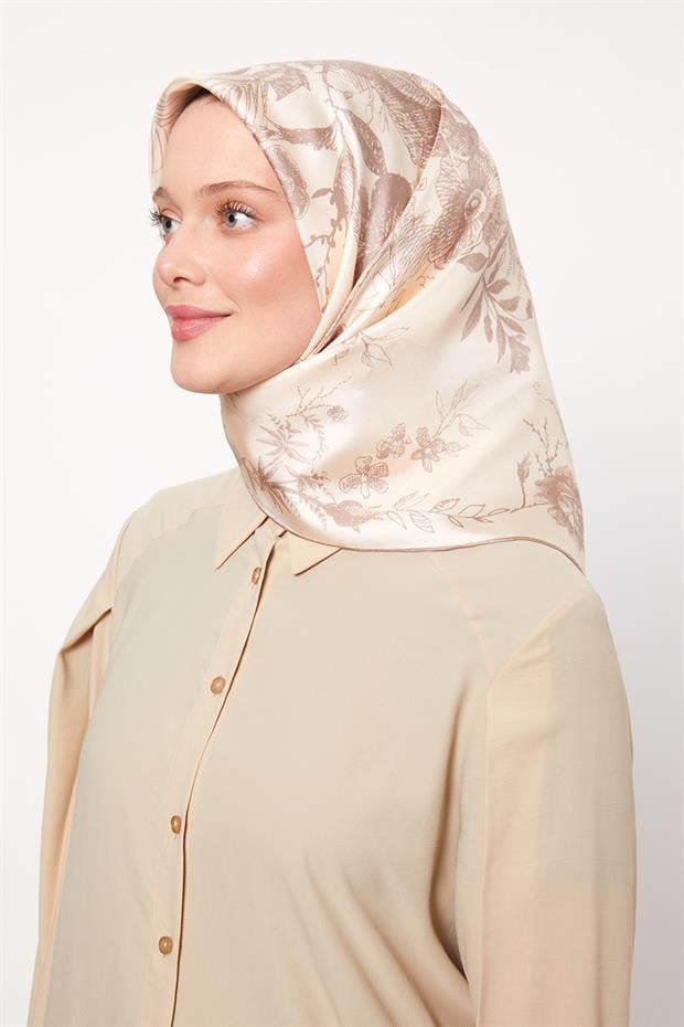 Pudra Soyut Gül Desen Twill İpek Eşarp