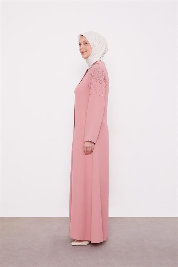 Pudra Cicek İslemeli Taslı Ferace