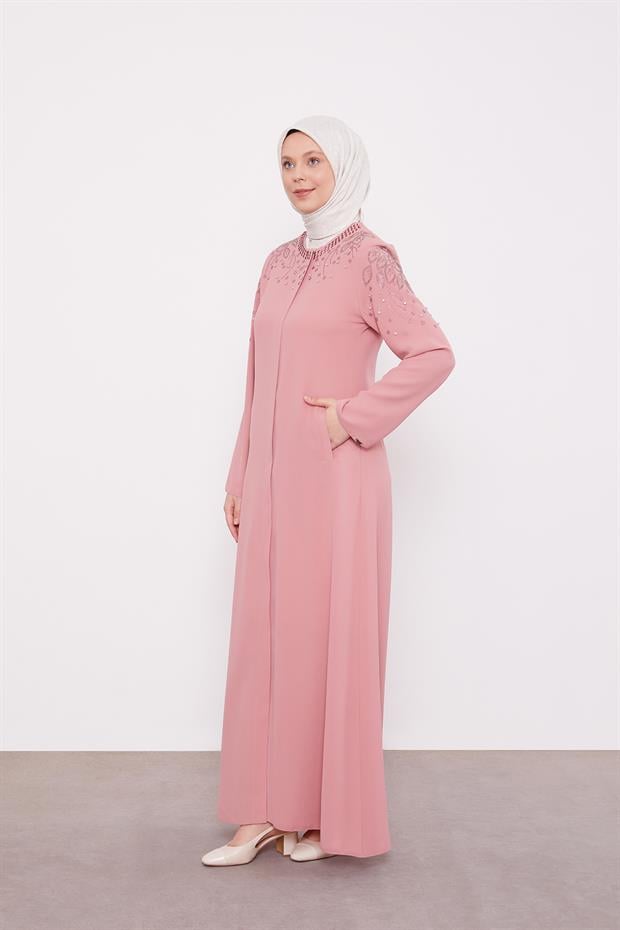 Pudra Cicek İslemeli Taslı Ferace