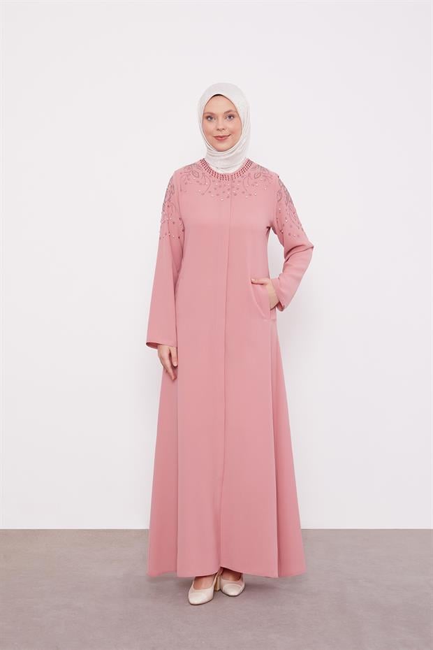 Pudra Cicek İslemeli Taslı Ferace