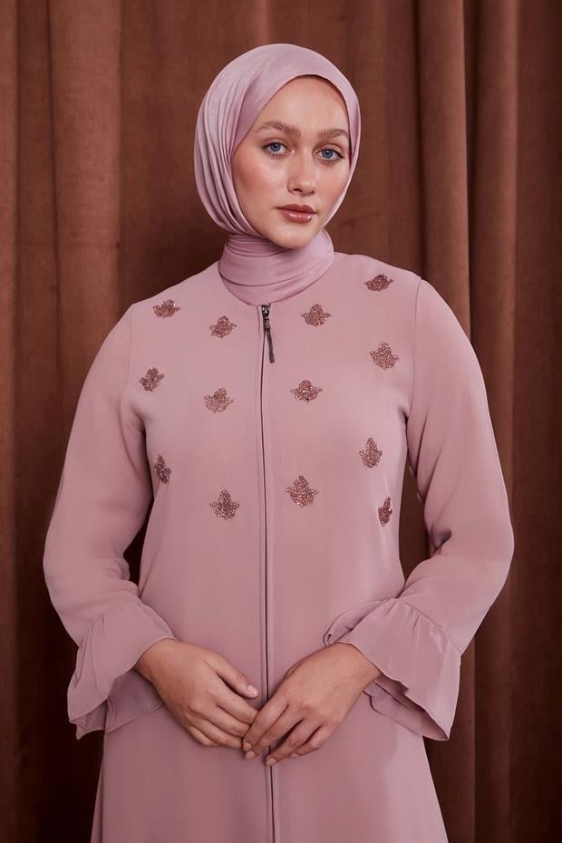 Pudra Taş İşlemeli Ferace