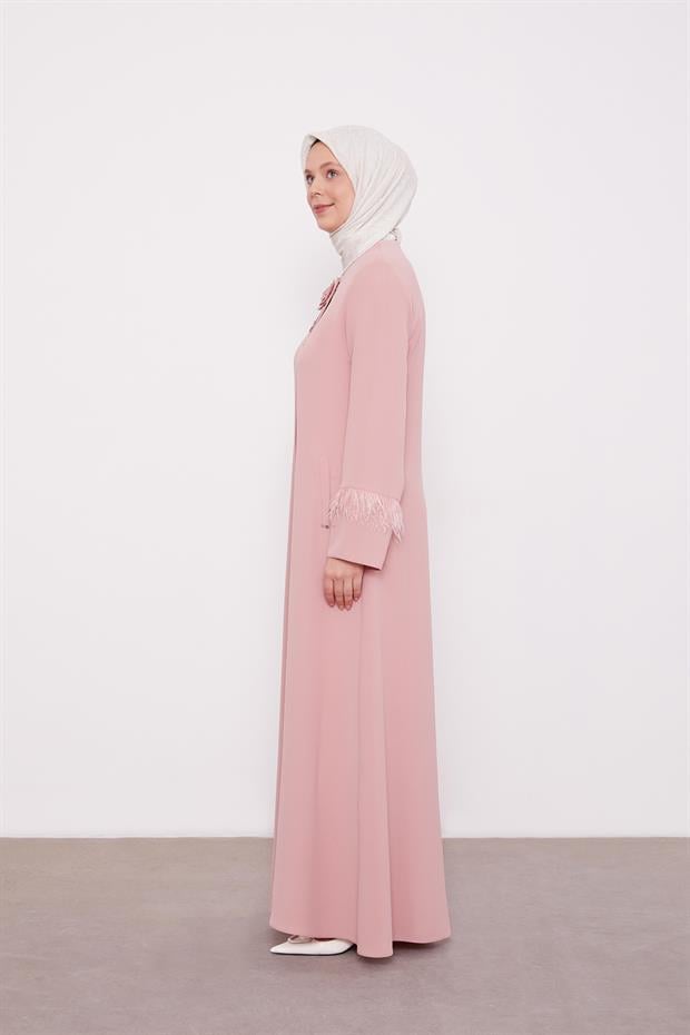 Pudra Taş İşlemeli Tüy Detaylı Ferace