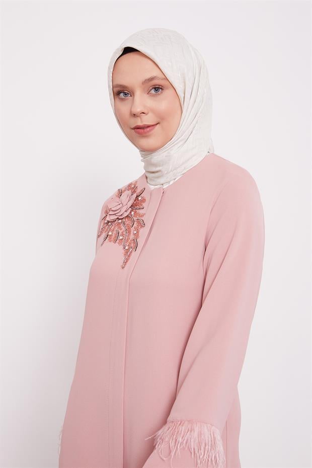 Pudra Taş İşlemeli Tüy Detaylı Ferace