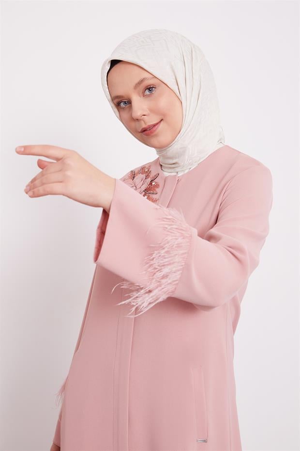 Pudra Taş İşlemeli Tüy Detaylı Ferace