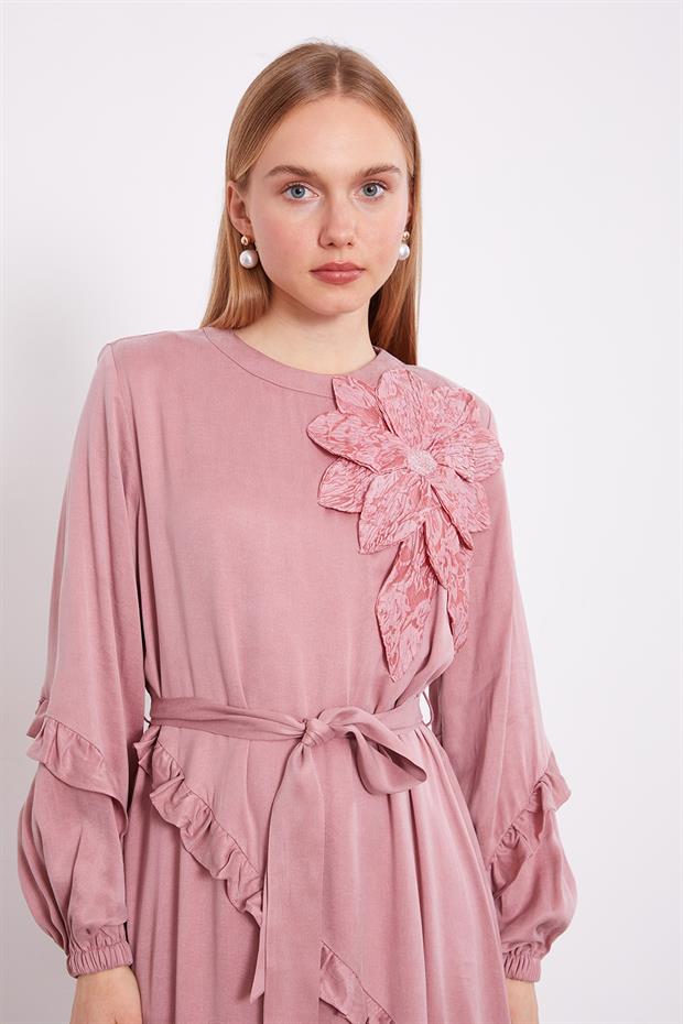 Pudra Yakası Çiçek Detaylı Cupra Elbise