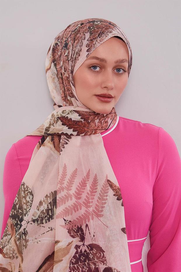 Pudra Yaprak Desen Pamuk Şal