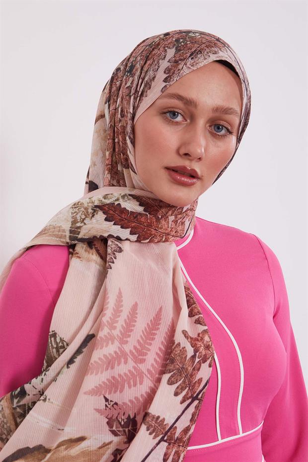 Pudra Yaprak Desen Pamuk Şal