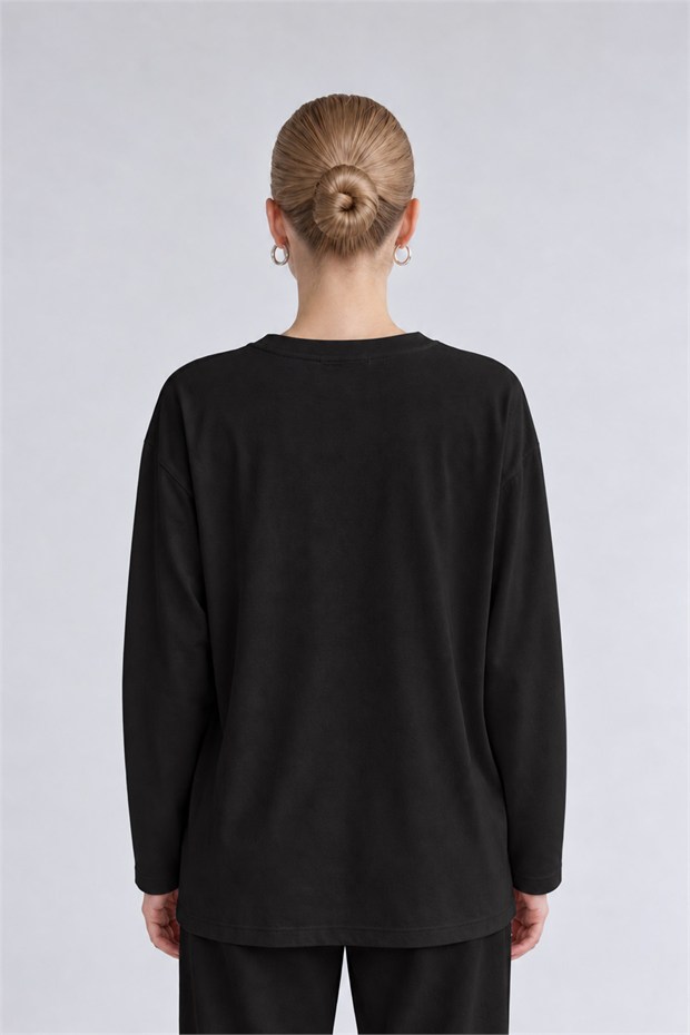 Rahat Kesim Desenli İnce Sweat Siyah