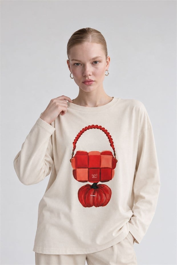 Rahat Kesim Desenli İnce Sweat Bej