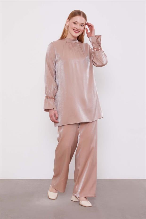 Sütlü Kahve Taş Detaylı İkili Takım