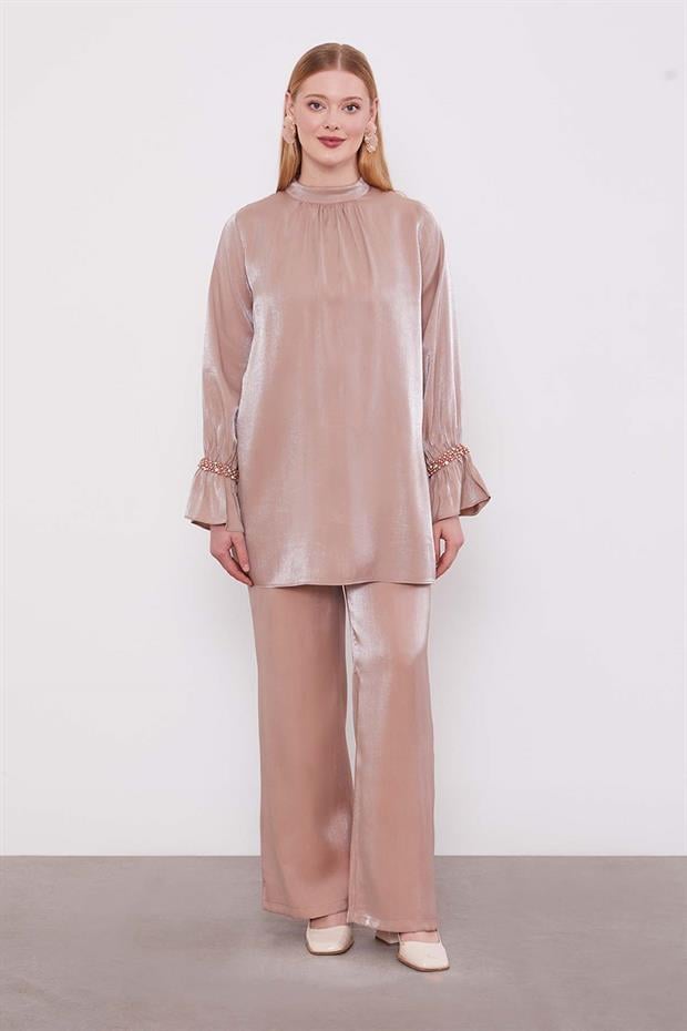 Sütlü Kahve Taş Detaylı İkili Takım