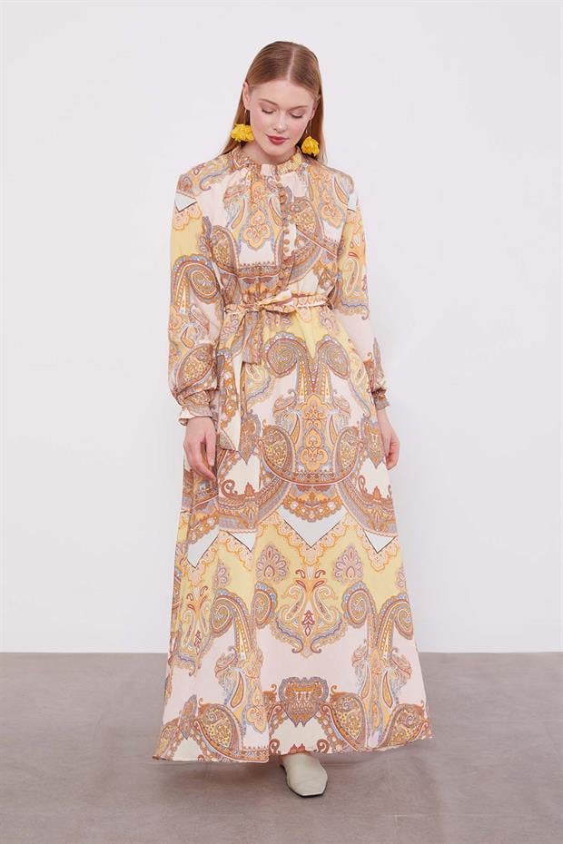 Safran Etnik Desenli Elbise