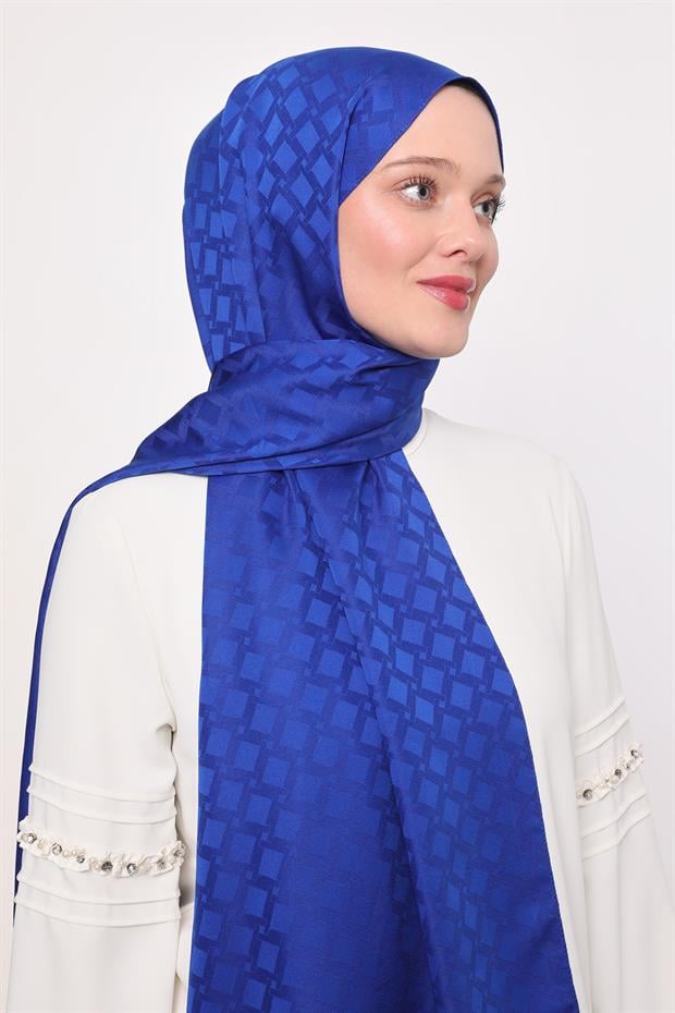 Saks Kare Geçişli Desen Blue Jakar Şal