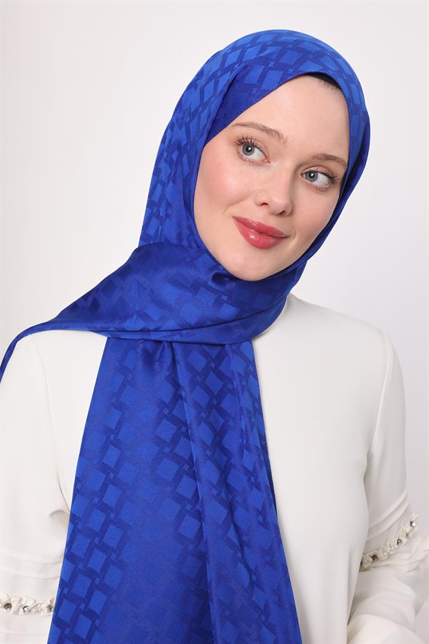 Saks Kare Geçişli Desen Blue Jakar Şal