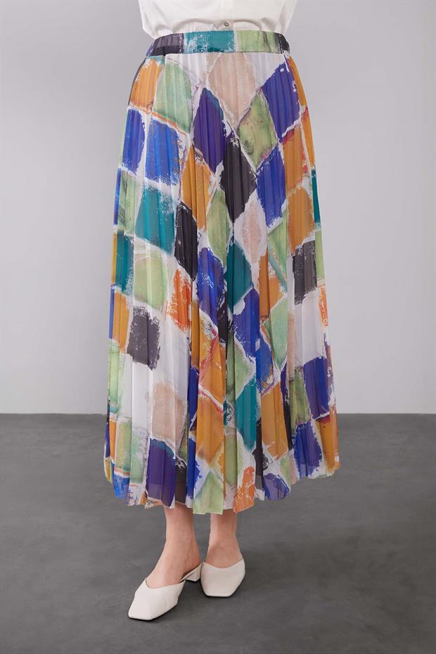 Saks Baklava Desenli Pileli Etek