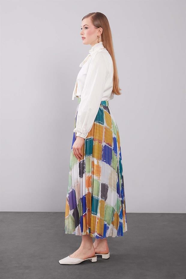 Saks Baklava Desenli Pileli Etek