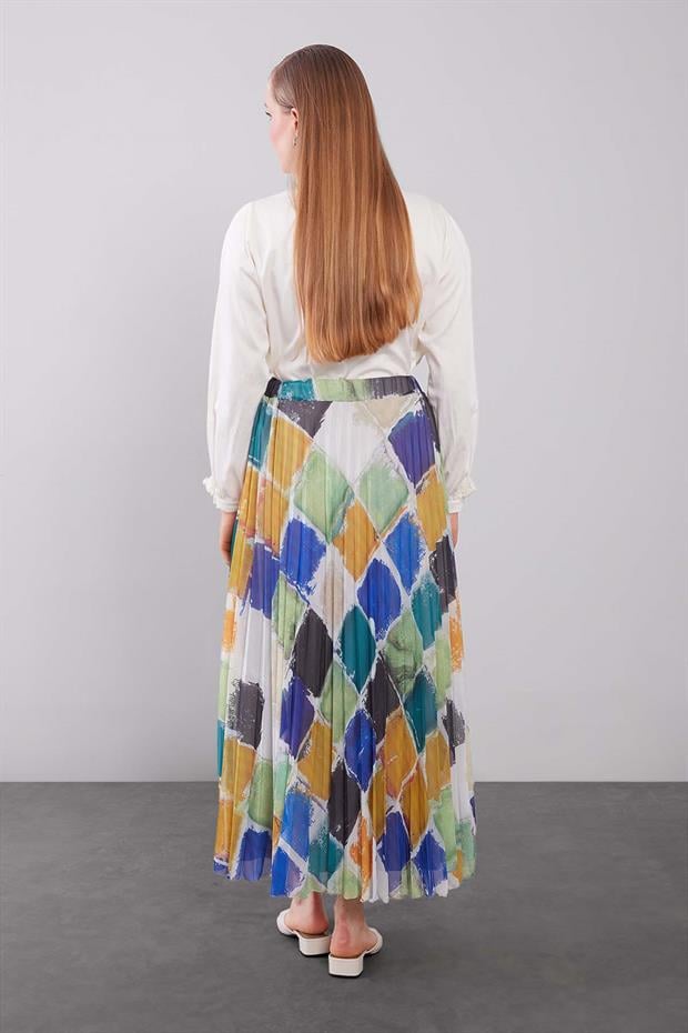 Saks Baklava Desenli Pileli Etek