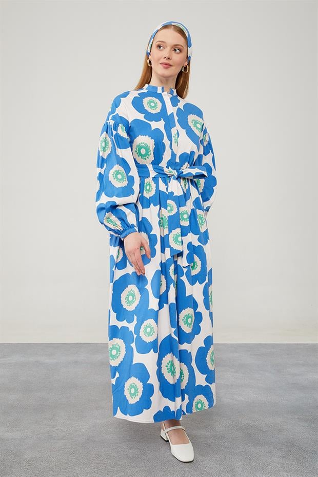 Saks Bandanalı Çiçek Desenli Elbise