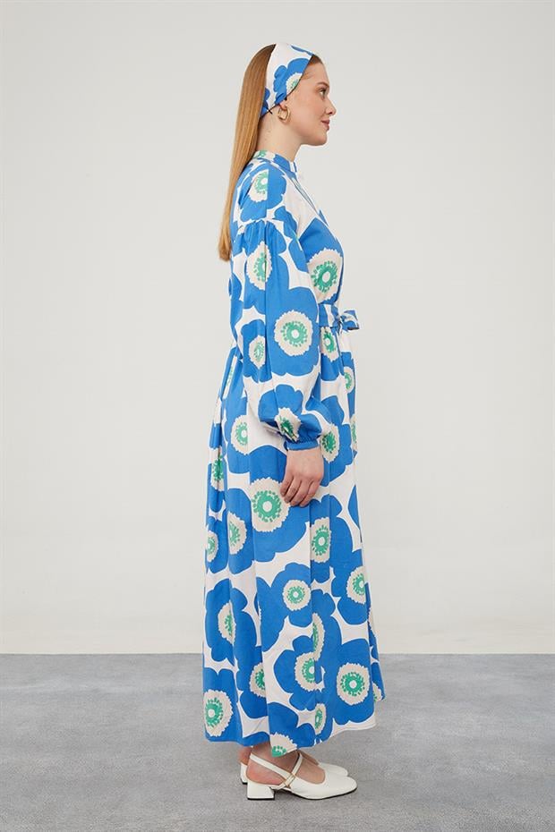 Saks Bandanalı Çiçek Desenli Elbise