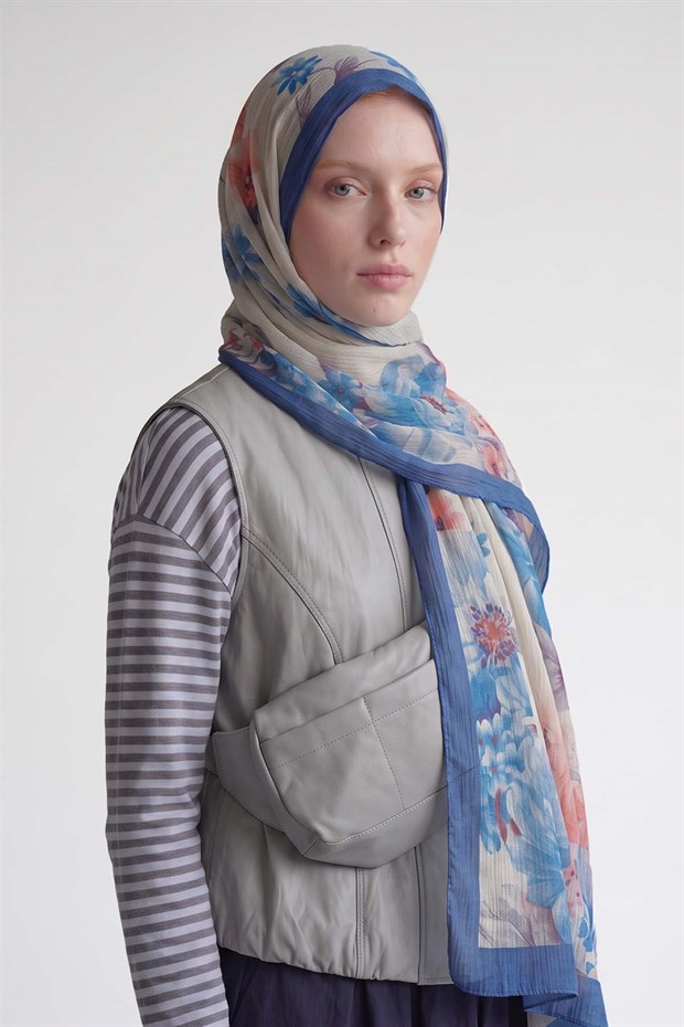 Saks Çiçek Desen Müslin Şal