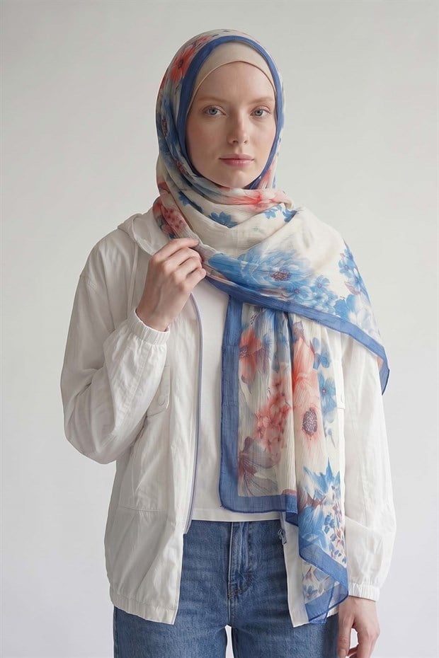 Saks Çiçek Desen Müslin Şal
