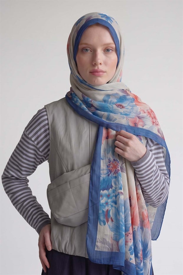 Saks Çiçek Desen Müslin Şal
