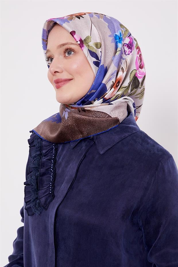 Saks Çiçek Desen Twill İpek Eşarp