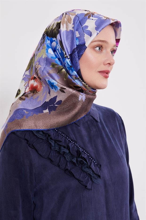 Saks Çiçek Desen Twill İpek Eşarp