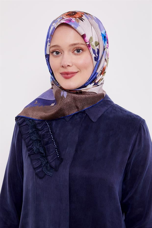 Saks Çiçek Desen Twill İpek Eşarp