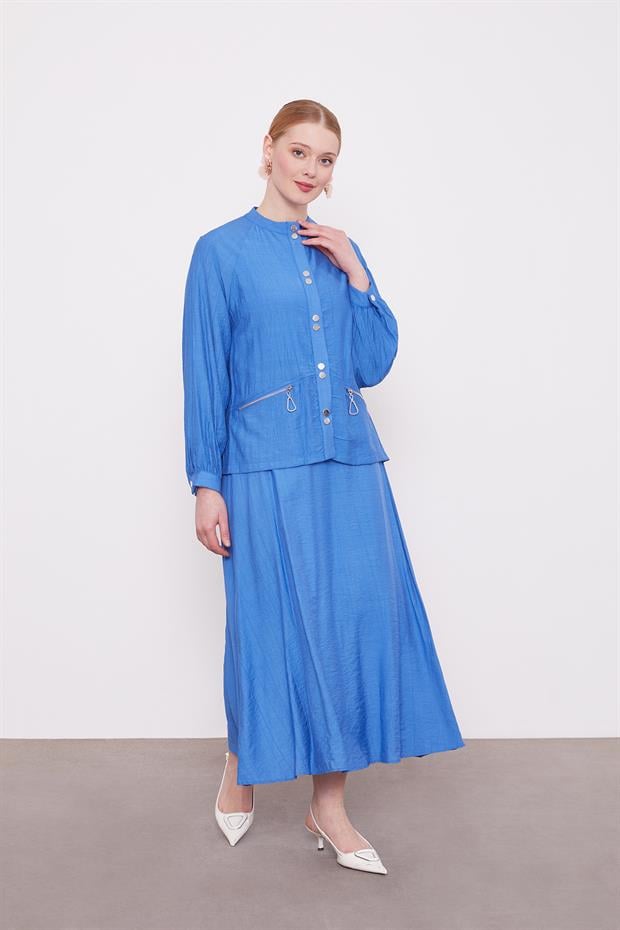 Saks Çift Düğme Detaylı Etekli Takım