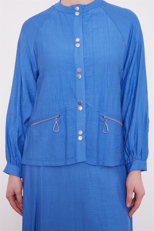 Saks Çift Düğme Detaylı Etekli Takım