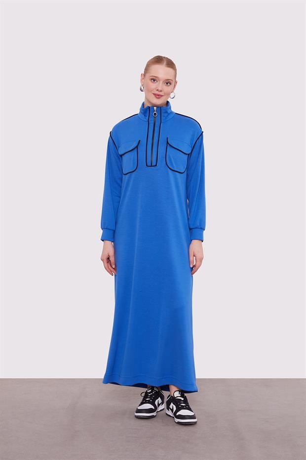 Saks Çizgi Cep Detaylı Elbise