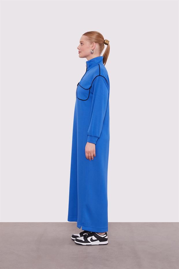 Saks Çizgi Cep Detaylı Elbise