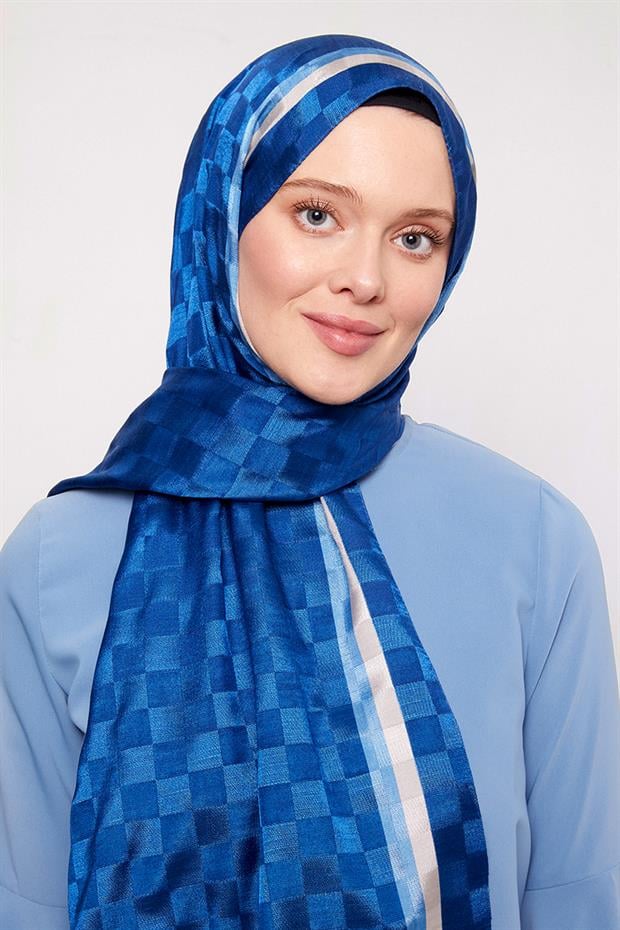 Saks Çizgili Dama Desen Monogram Şal