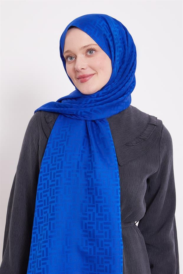 Saks Çubuk Desen Blue Jakarlı Şal