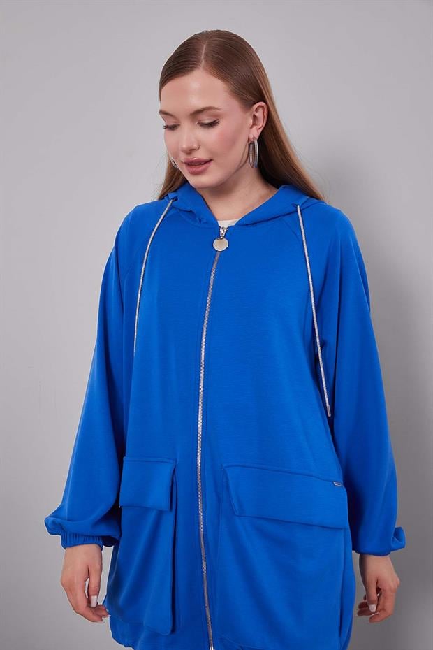 Saks Kapüşonlu Taşlı İp Detaylı Kap