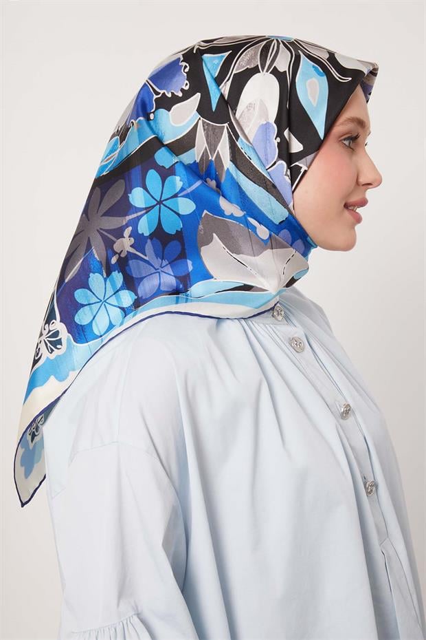 Saks Karışık Çiçek Desen Twill İpek Eşarp